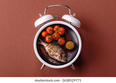 Grilled dorado fish cooked with pepper and spices. Concept time to eat fish, grilled dorado on a plate