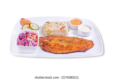 Grilled Dory with Fried Rice. A delicious grilled fish delight for Dory Lovers along with Fried rice, French fries and Coleslaw salad