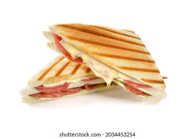 Grilled double sandwich with Italian salami and melting cheese on white background - Powered by Shutterstock