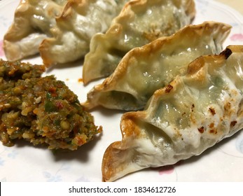 Grilled Dumplings(mandu) And Green Pepper Pesto.