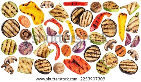Grilled eggplants aubergine, carrots, zucchini, champignons, bell pepper, onion isolated on white background. Collection with clipping path.