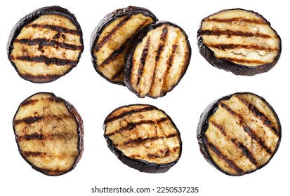Grilled eggplants aubergine slices isolated on white background. Collection with clipping path.