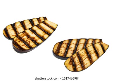 Grilled Eggplants  Isolated On White Background. Grilled Or Fire Roasted Aubergine