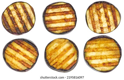 Grilled Eggplants Isolated On White Background. Grilled Or Fire Roasted Aubergine Isolated On White Background.Slice Of Eggplant Roasted On A Grill With Stripes From A Grill On A White Background.