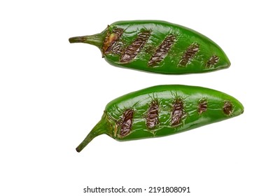 Grilled Or Fire Roasted Green Jalapeno Chili Pepper Isolated On White Background. Roasted Green Jalapeno Peppers.