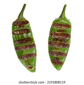 Grilled Or Fire Roasted Green Jalapeno Chili Pepper Isolated On White Background.