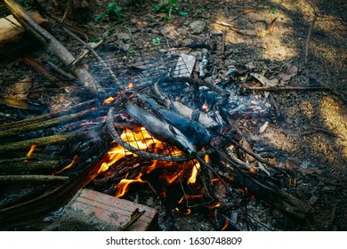 Grilled Fish. Burning Firewood. Daily Life In Rural Vietnam.