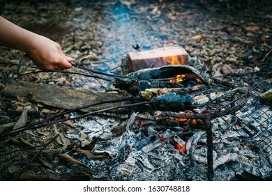 Grilled Fish. Burning Firewood. Daily Life In Rural Vietnam.