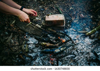 Grilled Fish. Burning Firewood. Daily Life In Rural Vietnam.