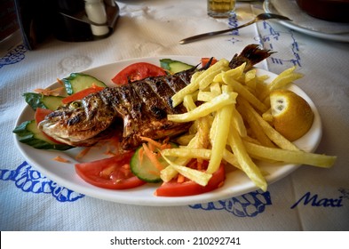 Grilled Fish And Chips In Mediterranean Style, Crete