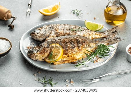 grilled fish dorada bbq. Ketogenic diet. Low carb high fat breakfast. Healthy food concept. place for text, top view.