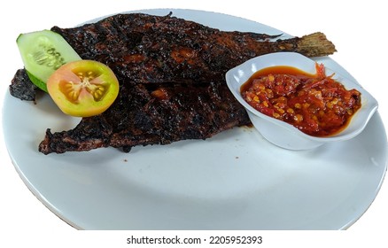 grilled fish and red chili sauce on white background - Shutterstock ID 2205952393