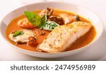 Grilled fish; Salmon, seafood, and meat assortment. Homemade food concept. Tomato basil soup with salmon; flat design menu for restaurant