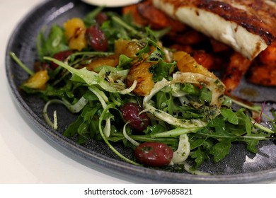 Grilled Fish With Sweet Potato Chips, Aioli And Salad