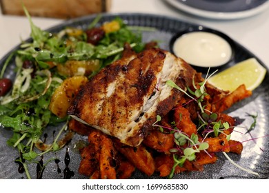 Grilled Fish With Sweet Potato Chips, Aioli And Salad