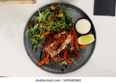 Grilled Fish With Sweet Potato Chips, Aioli And Salad