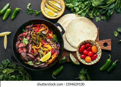 Grilled Flank Steak And Stir Fried Vegetables Fajitas, Overhead View