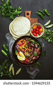 Grilled Flank Steak And Stir Fried Vegetables Fajitas, Overhead View