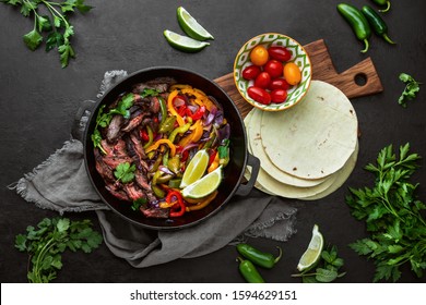 Grilled Flank Steak And Stir Fried Vegetables Fajitas, Overhead View