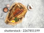 grilled flounder, Grilled fish seafood. banner, menu, recipe place for text, top view,