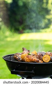 Grilled Food On Charcoal BBQ. Summer Picnic In Backyard Garden.