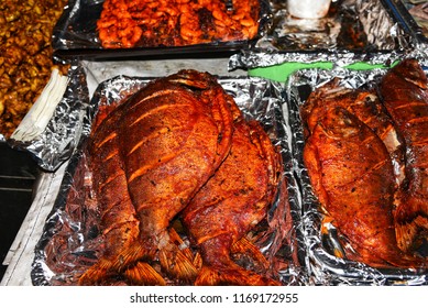 Grilled Or Fried Fish Street Food In Indian Ramadan Market In Shivaji Nagar Bengaluru. Muslim Big Food Festival Iftar Party.
