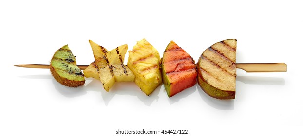 Grilled Fruit Pieces On Wooden Skewer Isolated On White Background