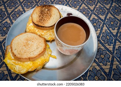 Grilled Garlic Bread Omelette Sand Witch With Tea. Uttarakhand , India.