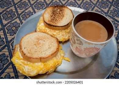 Grilled Garlic Bread Omelette Sand Witch With Tea. Uttarakhand , India.