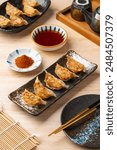 Grilled Gyoza or jiaozi fried stuffed dumplings