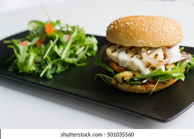 Grilled Halloumi Burger With Rucola Salad