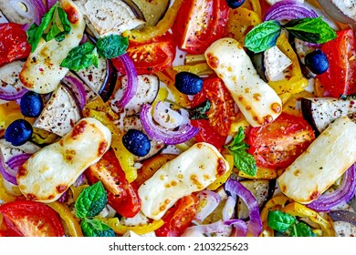 Grilled Halloumi Cheese With Baked Vegetables, Sheet Pan Cheese Vegetables 