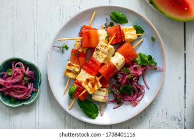 Grilled Halloumi Cheese And Watermelon Skewers