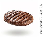 Grilled hamburger meat, beef patty isolated on white background. Cooked beef burger patty and fillet meat flying.