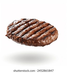 Grilled hamburger meat, beef patty isolated on white background. Cooked beef burger patty and fillet meat flying. - Powered by Shutterstock