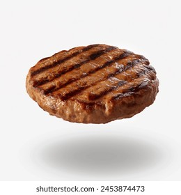 Grilled hamburger meat, beef patty isolated on white background. Cooked beef burger patty and fillet meat flying. Grilled beef burger meat patty floating isolated on white background. - Powered by Shutterstock