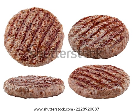 grilled hamburger meat isolated on white background, clipping path, full depth of field