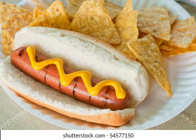 A Grilled Hot Dog With Mustard And Tortilla Chips On A Paper Plate