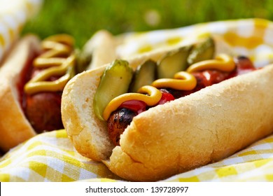 Grilled hot dogs with mustard, ketchup and relish on a picnic table