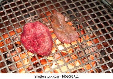 Grilled Japanese beef tongue over charcoal grill