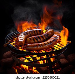 Grilled juicy sausages on a grill with fire. Shallow depth of field	
