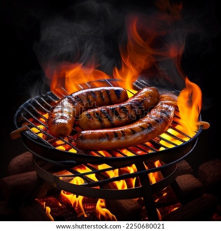 Grilled juicy sausages on a grill with fire. Shallow depth of field	