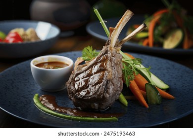 Grilled lamb chop steak with vegetable and sauce - Powered by Shutterstock