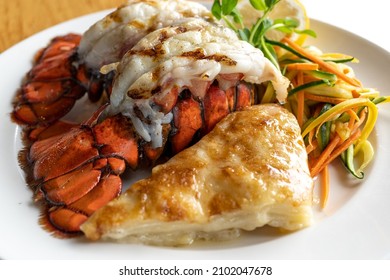 Grilled Lobster Tail Dinner With Colorful Veggies On Ceramic White Plate