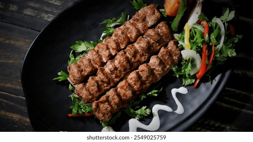 Grilled Lula kebab on skewers with spices in a black plate on a stone background