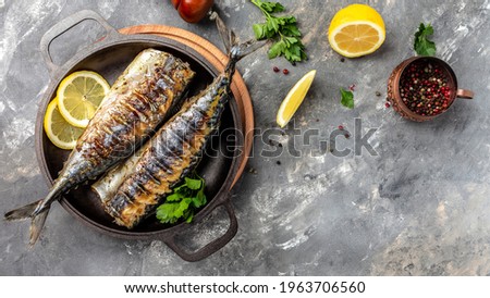 Grilled mackerel fish with lemon herbs and spices, banner, menu recipe place for text, top view,