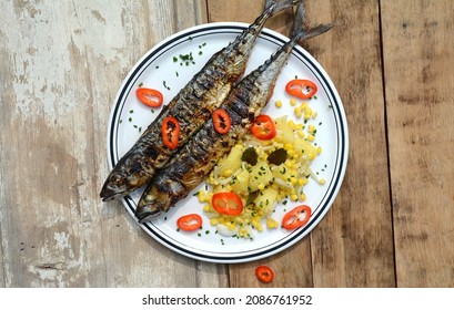 Grilled Mackerel Fish On A White Plate. Fatty, Oily Fish Is An Excellent And Healthy Source Of DHA And EPA, Which Are Two Key Types Of Omega-3 Acid.