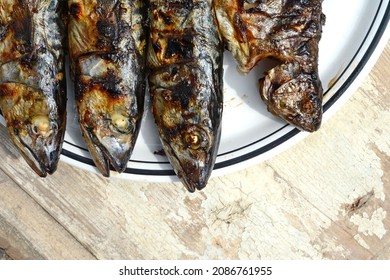 Grilled Mackerel Fish On A White Plate. Fatty, Oily Fish Is An Excellent And Healthy Source Of DHA And EPA, Which Are Two Key Types Of Omega-3 Acid.