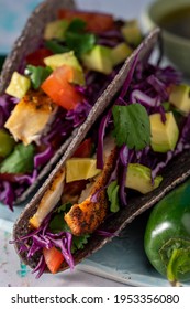 Grilled Mahi Mahi Fish Tacos In Blue Corn Taco Shells.