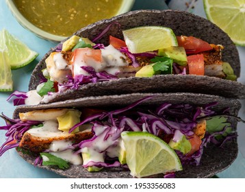 Grilled Mahi Mahi Fish Tacos In Blue Corn Taco Shells.